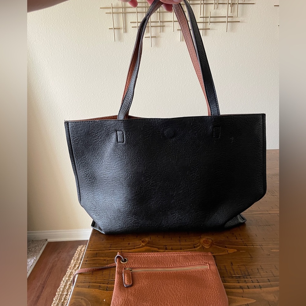 Reversible Faux Leather Tote & Wristlet